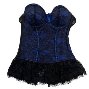 Seven til Midnight Blue Black Lace Corset Burlesque Pin Up Bustier Top Size L